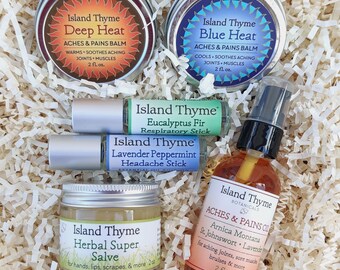 Natural Remedies and Soothers Gift Set.  Soothe joints & muscles.  Breath deep.  Tame tension and headaches.  Ease dry unhappy skin.