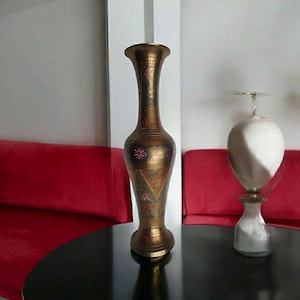 Vintage Brass Vase | Hand Engraved Indian Flower Vase | Etched Tall Metal Vase | Boho Decor | Mid Century Oriental Decor | Rustic Gold Vase