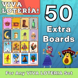 50 planches Lotería supplémentaires - Complément imprimable pour tout ensemble Viva Lotería | de jeu 4x4 pour s'amuser en famille, faire la fête ou jouer en classe | Format PDF