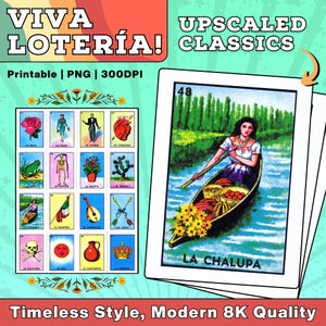 Clássicos Redimensionados | Baralho de Loteria para Imprimir – 54 Cartas Aprimoradas e 30 Tabuleiro de Jogo | Designs Icônicos de Don Clemente | Jogo Mexicano para Diversão em Família