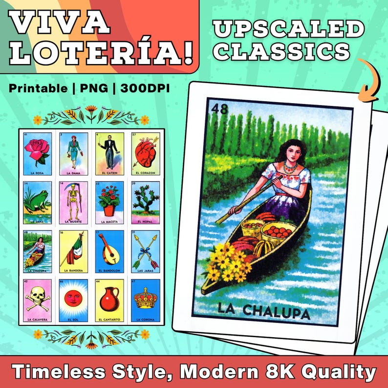 Upscaled Classics | Printable Lotería Deck – 54 Enhanced Cards &amp; 30 Play Boards | Iconic Don ...