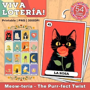 Baralho de Loteria com Tema de Gato para Imprimir – 54 Cartas PNG e 30 Tabuleiro | Jogo Mexicano | Arte Vintage para Festas e Diversão em Família | PNGs em Alta Resolução