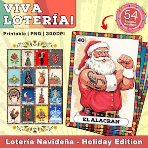 Lotería Navideña – 54 cartes imprimables et 30 plateaux de jeu | Jeu Party Mexicain | Art de Noël vintage | Plaisir festif en famille | PNG haute résolution