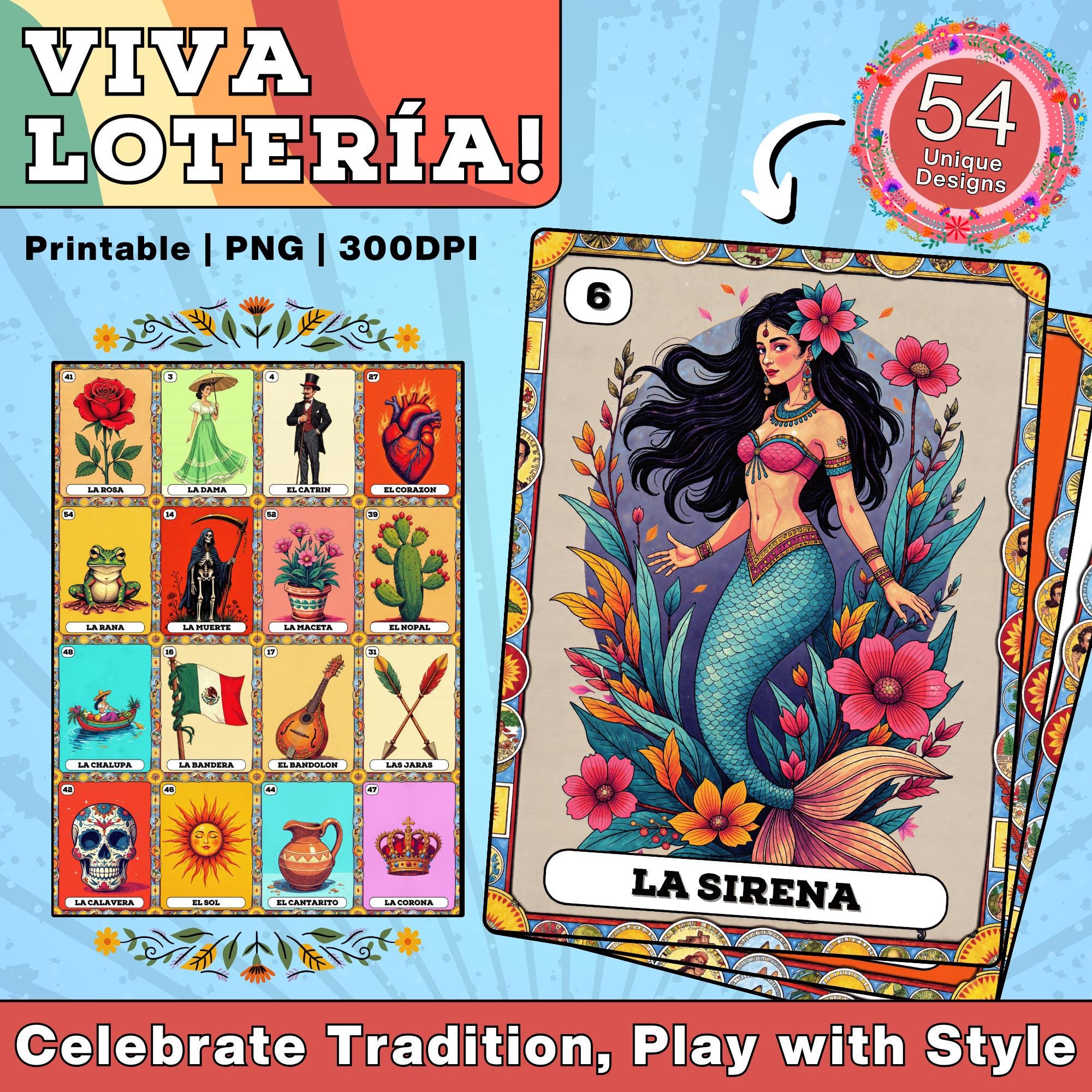 Printable Lotería Deck – 54 PNG Cards &amp; 30 Boards | Traditional Mexican Game | Vintage Art for ...