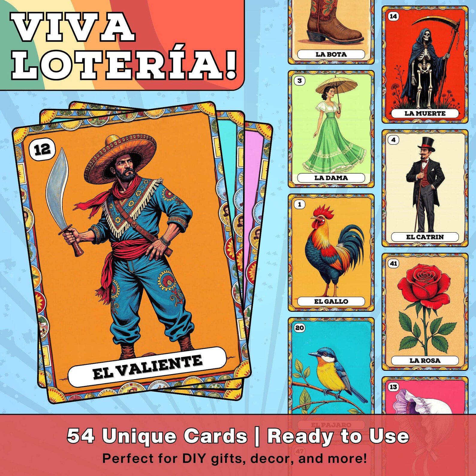 Printable Lotería Deck – 54 PNG Cards &amp; 30 Boards | Traditional Mexican Game | Vintage Art for ...