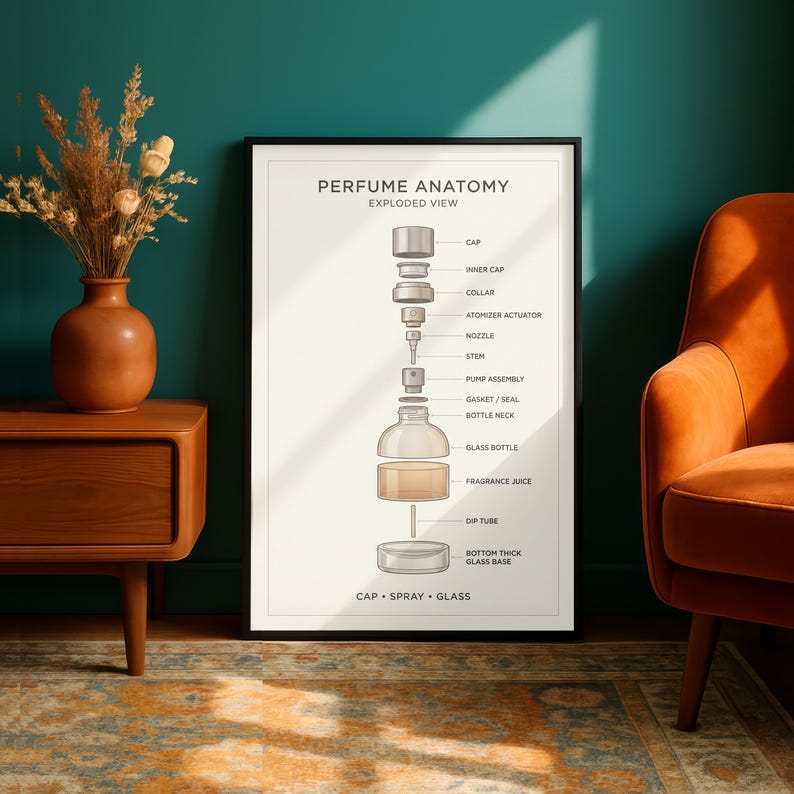 a poster of a perfume anatomy, with a detailed illustration of the various components of a perfume bottle, including the cap, inner cap, nozzle, pump assembly, and glass bottle.