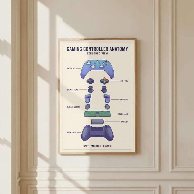 The image is a poster or illustration of the anatomy of a gaming controller, including various components such as the joystick, buttons, and other controls.
