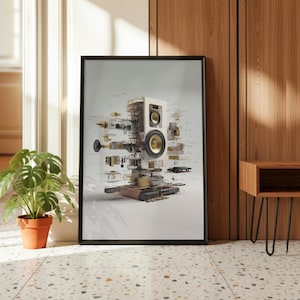 May include: A framed wall art print featuring a technical exploded view of a white speaker system. The illustration displays internal components, circuitry, and gold-toned speaker cones in a detailed, schematic style against a light background.