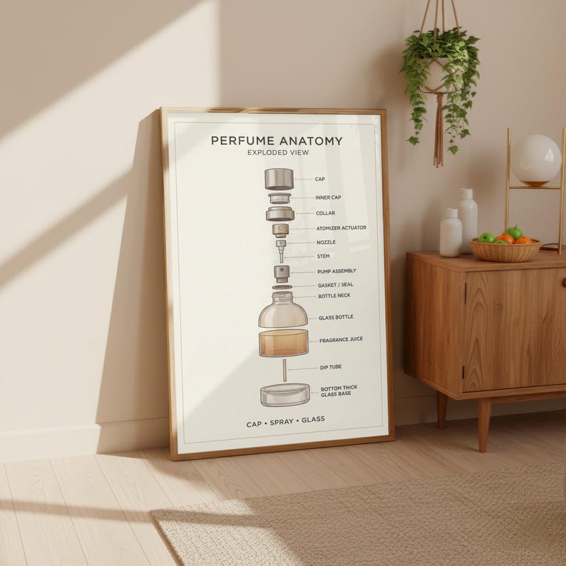 The image is a poster or illustration of a perfume anatomy, depicting the various components of a perfume bottle and their functions.
