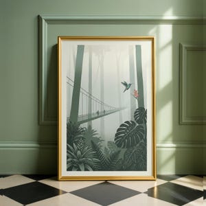 May include: A framed art print featuring a lush forest scene with a suspension bridge and a hummingbird. The artwork is in a gold frame and depicts a misty forest with tall trees, ferns, and large leaves. The color palette is primarily green and gray.