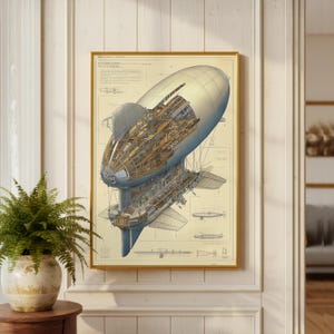 May include: A framed vintage blueprint illustration of a zeppelin airship, showcasing its internal structure. The airship is depicted in blue and tan tones, with detailed cross-sections revealing the interior. The artwork is set against a beige background.