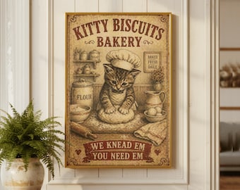 Kitty Biscuits Bakery Poster, Vintage Baking Cat Art, Kitchen Wall Decor