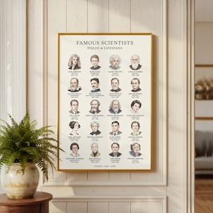 May include: A framed poster featuring portraits of famous scientists, including Isaac Newton, Marie Curie, and Albert Einstein. The poster includes the scientists' names, fields, and lifespans. The text "FAMOUS SCIENTISTS FIELDS & LIFESPANS" is at the top.