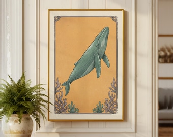 Tarot Wal in Bernstein Poster | Vintage Marine Leben Wandkunst | Blauwal Print | Mystische Ozean Dekor | Goldrand Tier Illustration