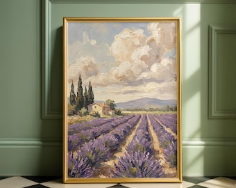 ラベンダー畑のオリジナル水彩画、ラベンダーの風景画、プロヴァンスの