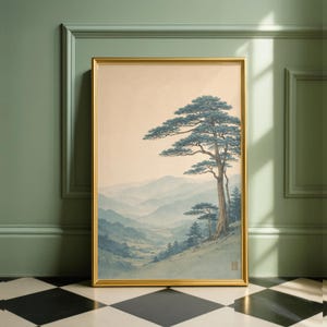 Misty Pine Valley | Japanese Landscape | Ukiyo E Aesthetic | Retro Nature View | Antique Forest | Vintage Asian Decor | Classic Mount