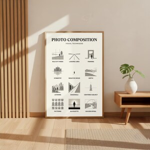 May include: A vertical poster titled PHOTO COMPOSITION VISUAL TECHNIQUES featuring twelve black and white line art icons illustrating photography concepts like rule of thirds, leading lines, framing, symmetry, negative space, depth, layering, diagonals, centered subject, patterns, silhouette, and golden spiral.