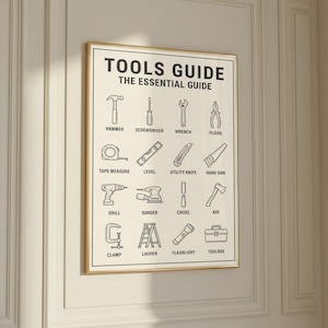 May include: A framed print titled "TOOLS GUIDE THE ESSENTIAL GUIDE" featuring line drawings of essential tools. Includes a hammer, screwdriver, wrench, pliers, tape measure, level, utility knife, hand saw, drill, sander, chisel, axe, clamp, ladder, flashlight, and toolbox.