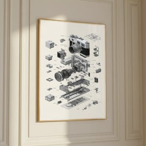 The image is a framed print depicting the internal components of a camera, including the lens, shutter, and various other parts.