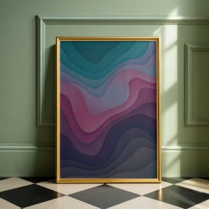 May include: A framed abstract art print featuring layered, undulating shapes in shades of teal, purple, and deep indigo. The artwork is encased in a gold frame and leans against a sage green wall, set on a black and white checkered floor.