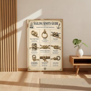 May include: A framed poster titled "SAILING KNOTS GUIDE" with illustrations of essential knots. The poster features a ship and anchor graphic, and displays various knots like the Figure-Eight Stopper, Bowline, and Cleat Hitch. The poster is displayed on a wall.