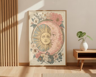Bohemian Sun and Moon Celestial | Vintage Tarot Decor | Astrology Face Print | Mystic Cosmos Poster | Pink Flower Wall Art | Space Myth