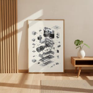 a large framed poster of a disassembled camera, with various parts and components visible, displayed on a wall in a room with a wooden floor and a small table with a plant.