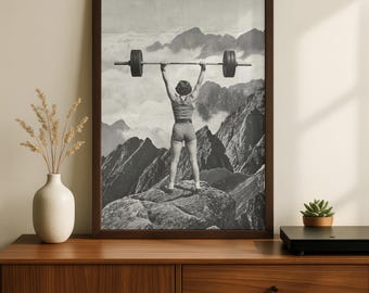 Mountain Barbell Triumph Poster | Fitness Motivation Wall Art Print | Strong Lifter Peak Black White Photo | Gym Home Office Training Decor