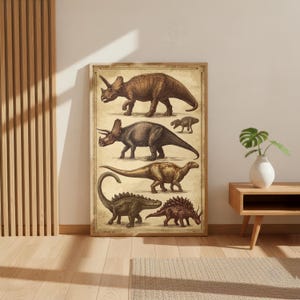 May include: A framed vintage-style print featuring detailed illustrations of various dinosaurs in shades of brown and green. The artwork showcases several dinosaur species, including Triceratops and Stegosaurus, on a textured, aged background. The print is displayed in a room with wooden accents.