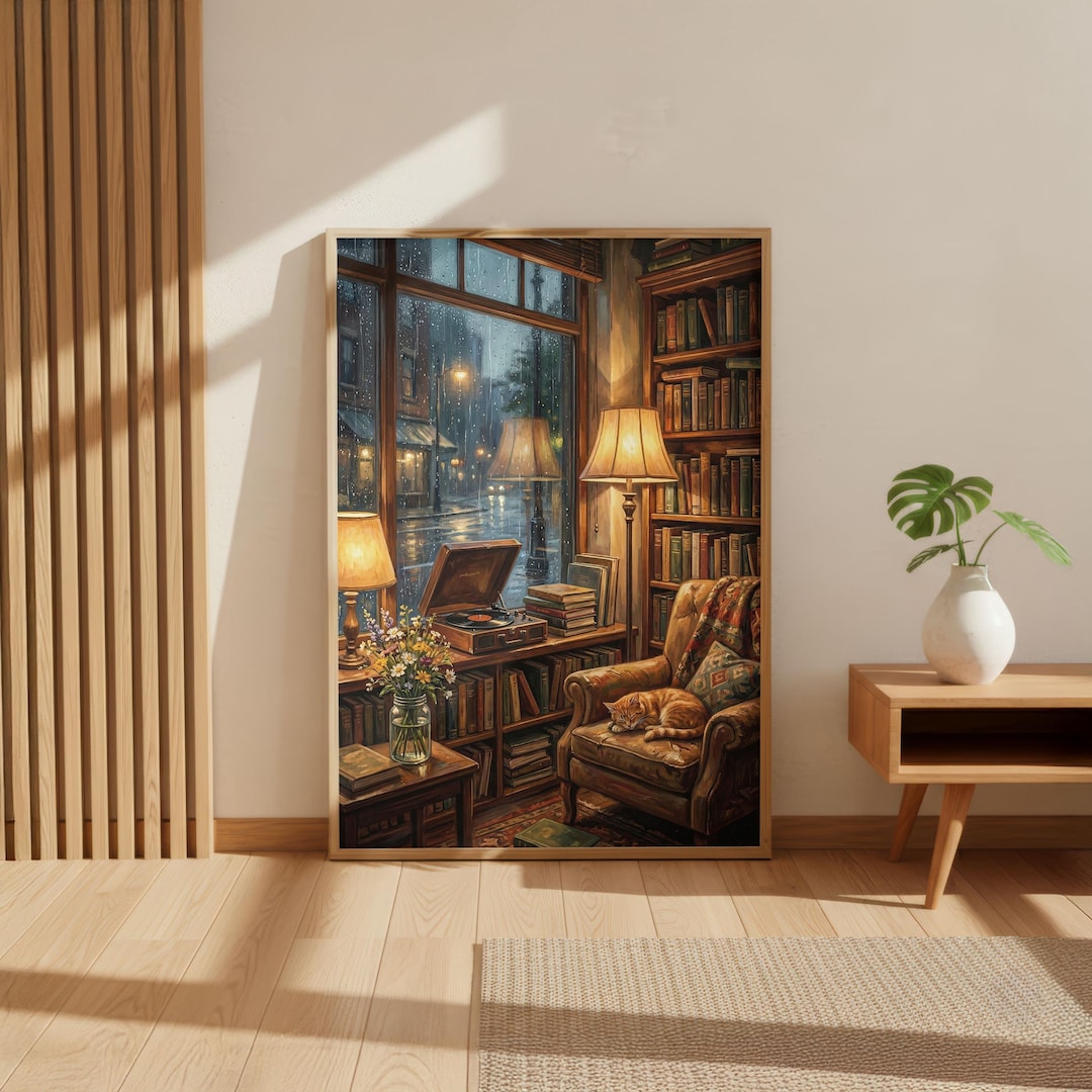 Library Backgrounds Rainy Rainy Book Nook Poster | Cozy Library Wall Art | Dark Academia Decor ...