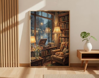 Rainy Book Nook Poster | Cozy Library Wall Art | Dark Academia Decor | Warm Reading Chair Graphic | Stormy Night Aesthetic | Room Gift