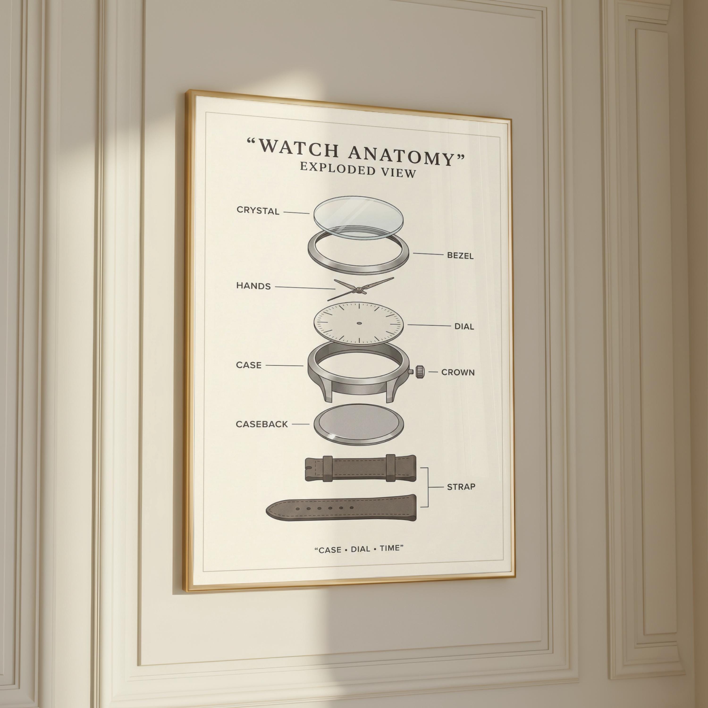 Exploded View Watch Vector Watch Anatomy Exploded View Poster | Minimalist Timepiece Wall Decor ...