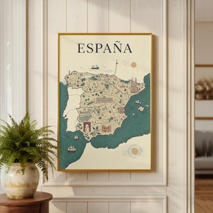 May include: A framed map of Spain with the word "ESPAÑA" at the top. The map is detailed with illustrations of landmarks and geographical features, set against a cream background with a teal border. The frame is gold.