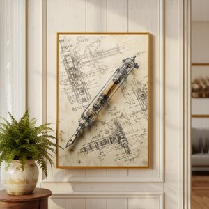 May include: A framed wall art print featuring a technical blueprint drawing of a fountain pen. The illustration displays detailed mechanical schematics in black ink on a textured, aged beige paper background, presented in a thin gold frame.