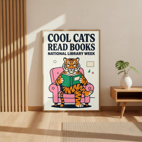 Cool Cats Read Books Tiger | Funny Animal Library Art | Kids Room Wall Decor | Retro Reading Nook Print | Educational School Classroom
