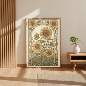 May include: A framed art print featuring a botanical illustration of sunflowers. The sunflowers are depicted in shades of yellow and brown, with green leaves and stems. The artwork has a vintage style with an arched border and decorative elements.