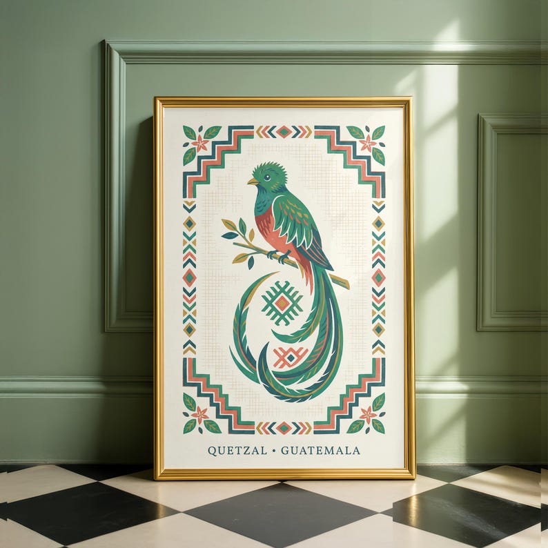 a framed poster of a colorful bird, likely a quetzal, perched on a branch. The poster is set against a green wall and has a decorative border.