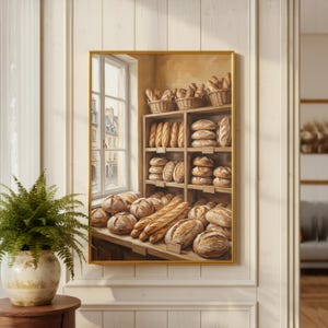 May include: A framed painting depicts a bakery scene with various types of bread on shelves and in baskets. The painting features a window with a view of a European street. The color palette is warm, with golden and brown tones.