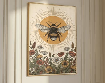 Sun Halo Bee Poster | Vintage Botanical Wall Art Print | Honeybee with Golden Sunburst and Wildflower Meadow | Cottagecore Kitchen Decor