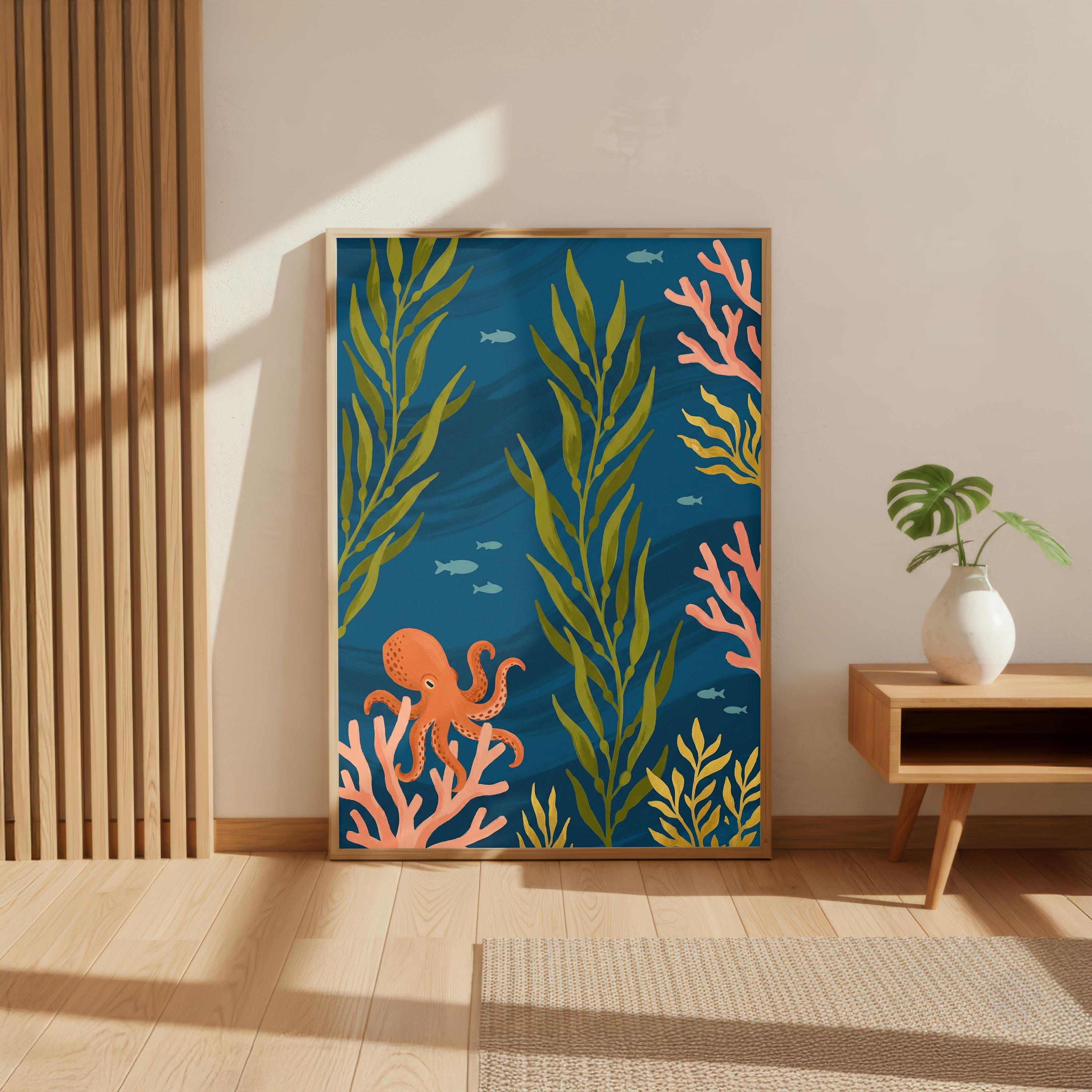 Coral Reef Octopus | Deep Sea Wall Art | Ocean Animal Print | Nautical ...