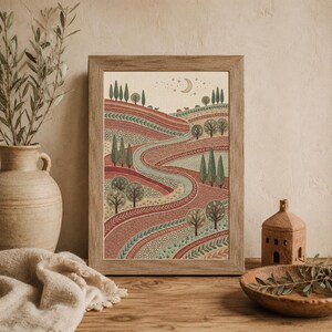 Verwinkelte Wiesen-Quilt-Pfad | Boho Volkskunst | Flusslandschaft Leinwand | Rot Grün Dekor | Rustikaler Naturdruck | Baum-Muster-Wand