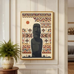 Moai- och Rapa Nui-mönsterposter | Väggkonst med Påskön | Tryck av stamstatyer | Polynesisk geometrisk dekor | Illustration med forntida historia