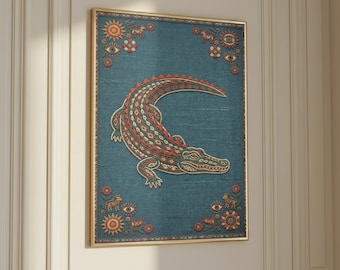 Folk Crocodile Blue Rug Poster | Vintage Rug Pattern Wall Art Print | Decorative Alligator Tapestry Style | Cozy Boho Cabin Decor Gift