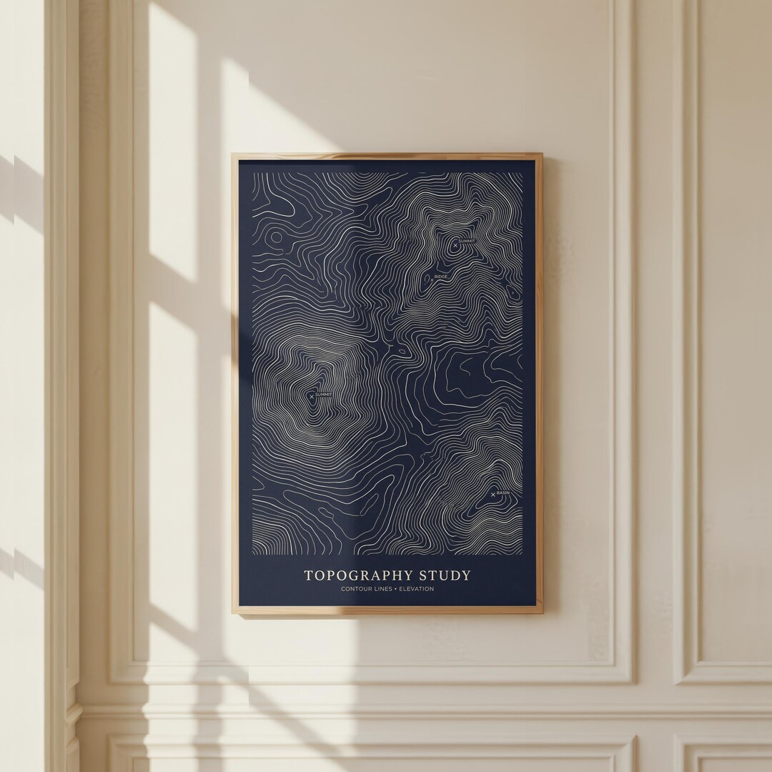 Topographic Contour Map Poster | Minimalist Mountain Print | Dark Blue ...