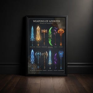 Può includere: Un poster incorniciato intitolato Weapons of Azeroth World of Warcraft che presenta undici armi fantasy illustrate disposte su due file. Le armi includono spade, asce, martelli e bastoni luminosi in vari colori come blu, oro, verde e rosso.