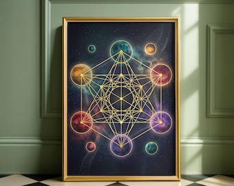 Póster del Cubo de Metatrones Cósmico / Impresión de arte mural de geometría sagrada / Decoración de meditación con diagrama de galaxia de neón / Regalo de decoración de habitación de astrología mística