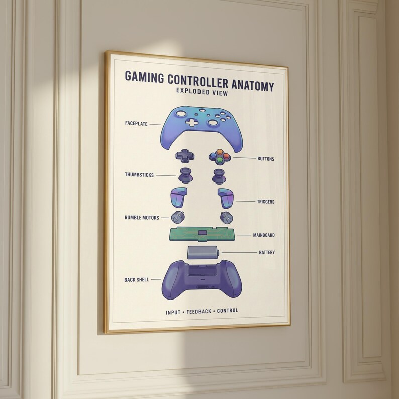 The image is a poster or illustration titled "GAMING CONTROLLER ANATOMY EXPLODED VIEW" that provides a detailed diagram of the various components of a gaming controller, including the buttons, trigger, mainpad, back shell, and other parts.