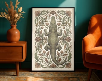 Vintage Crocodile Poster | Dark Academia Animal | Moody Reptile Canvas | Retro Swamp Print | Nostalgic Beast Vibe | Symmetric Plant Design