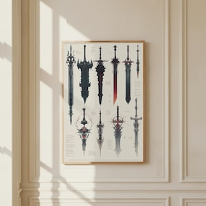 May include: A framed wall art print featuring a collection of ten detailed sword illustrations arranged in two rows. Each sword displays a unique, intricate design with black, grey, and red color accents, accompanied by small blocks of text.