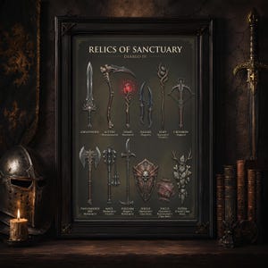 Può includere: Un poster incorniciato intitolato Relics of Sanctuary Diablo IV che mostra illustrazioni di armi ed equipaggiamenti fantasy, tra cui uno spadone, una falce, una bacchetta, pugnali, un bastone, una balestra, un'ascia, una mazza, uno scudo e un totem.